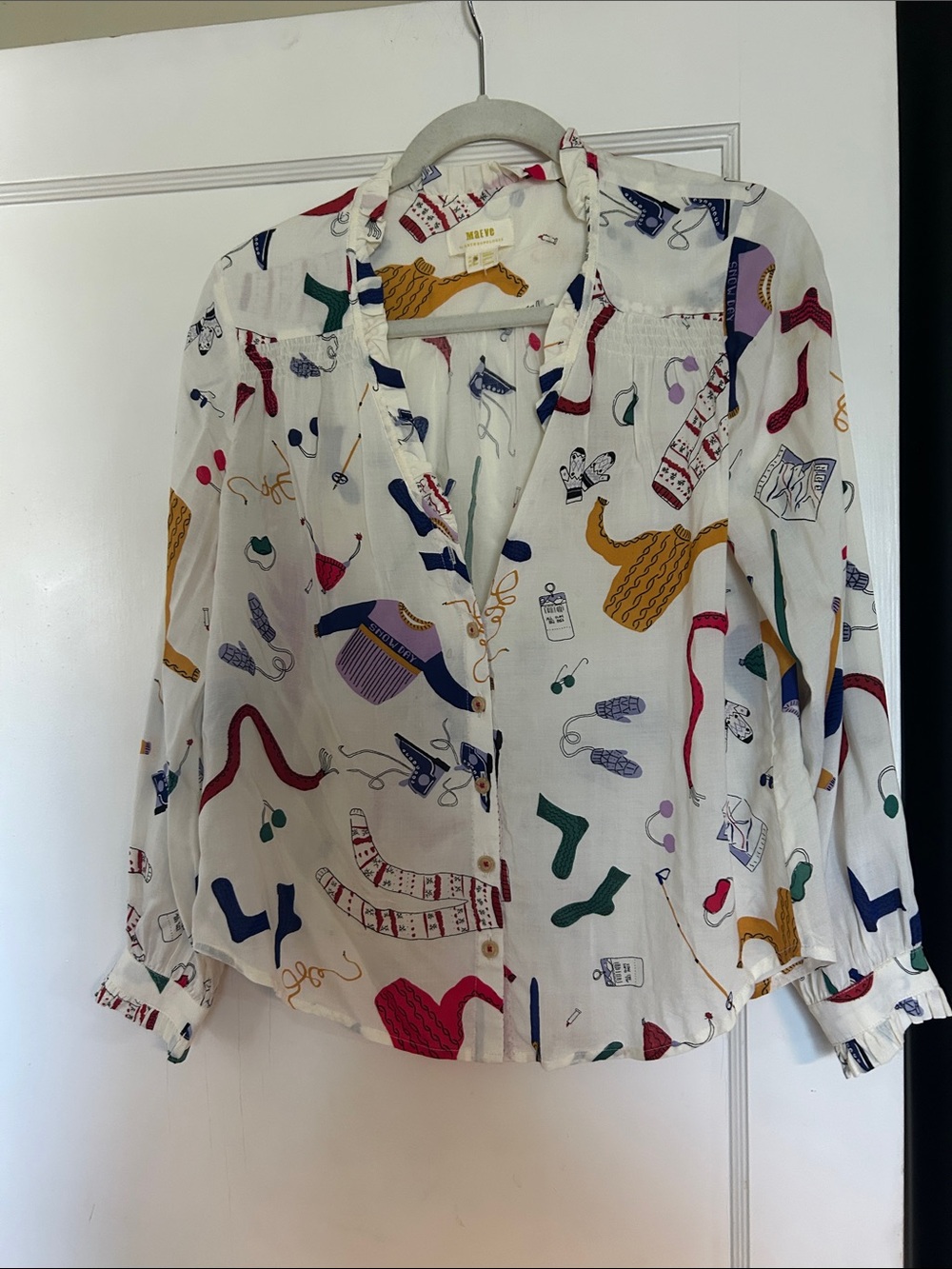 Anthropologie White Button-Front Blouse with Multicolor Novelty Print